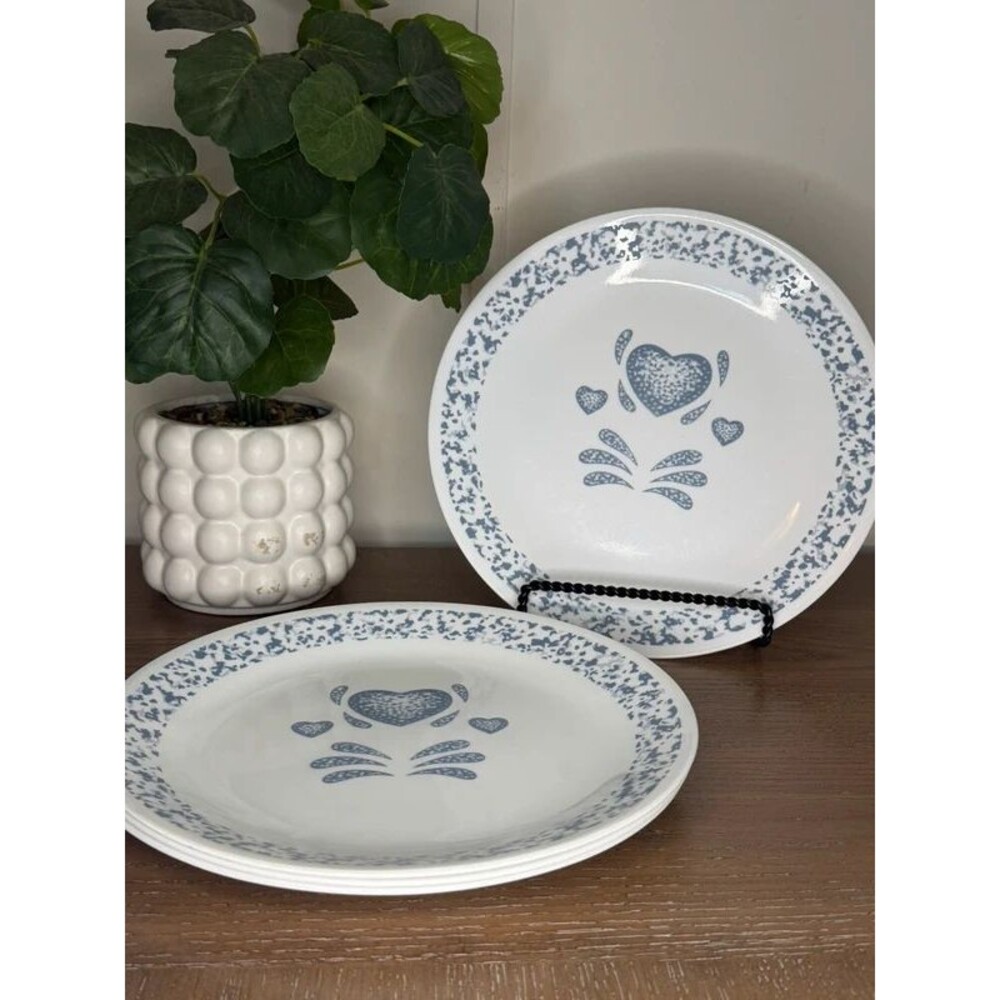 Blue Heart Spongeware Style Country Farmhouse Dinner Plates (4) 10 Inch